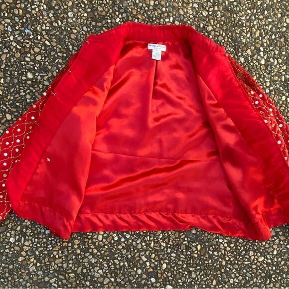 Vtg Drapers & Damon’s bright red ethnic beaded gold trim mirror disc jacket - Picture 4 of 8